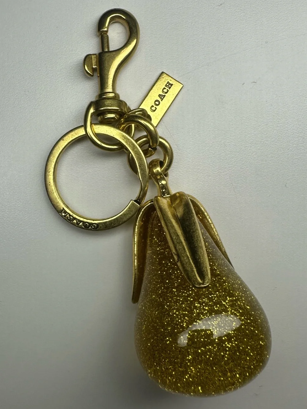 Coach Pear Bag Charm Gold Glitter Resin Brass Keychain Key Ring